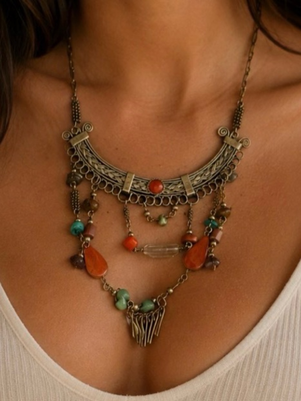 Silver Dangling Bib Stone Beaded Necklace.